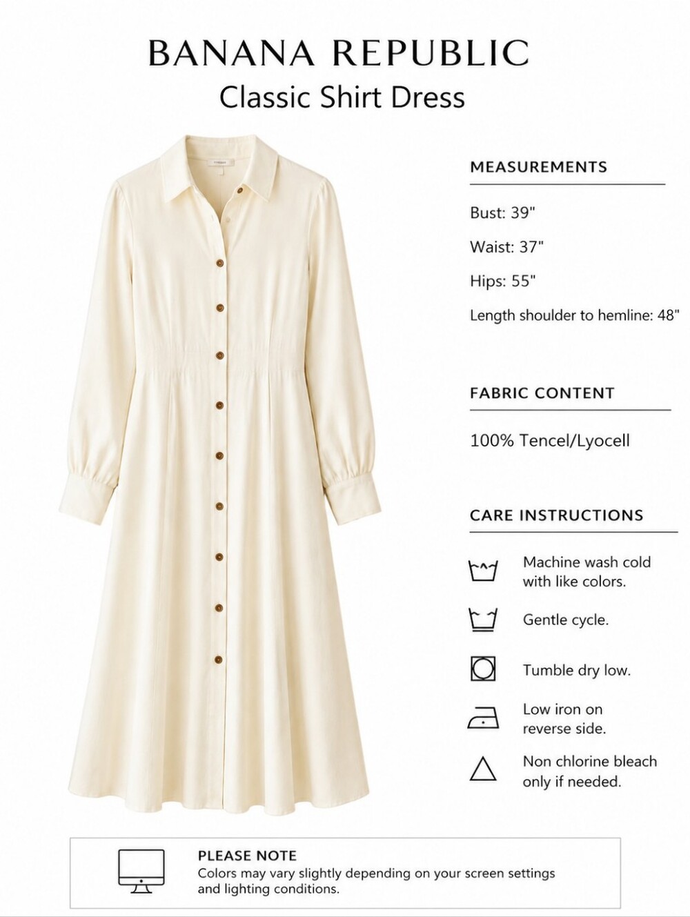 NWT | BANANA REPUBLIC Cream Midi Shirt DRESS | Tencel Lyocell | Size: Small - Picture 4 of 9
